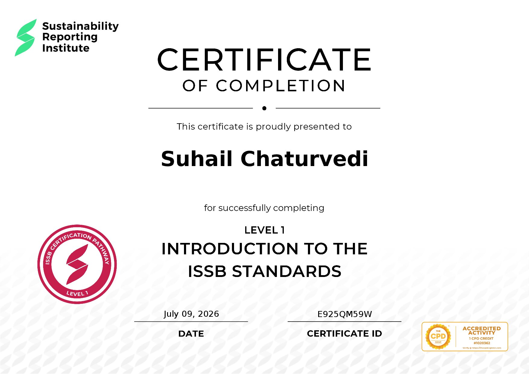 Certificate for Suhail Chaturvedi