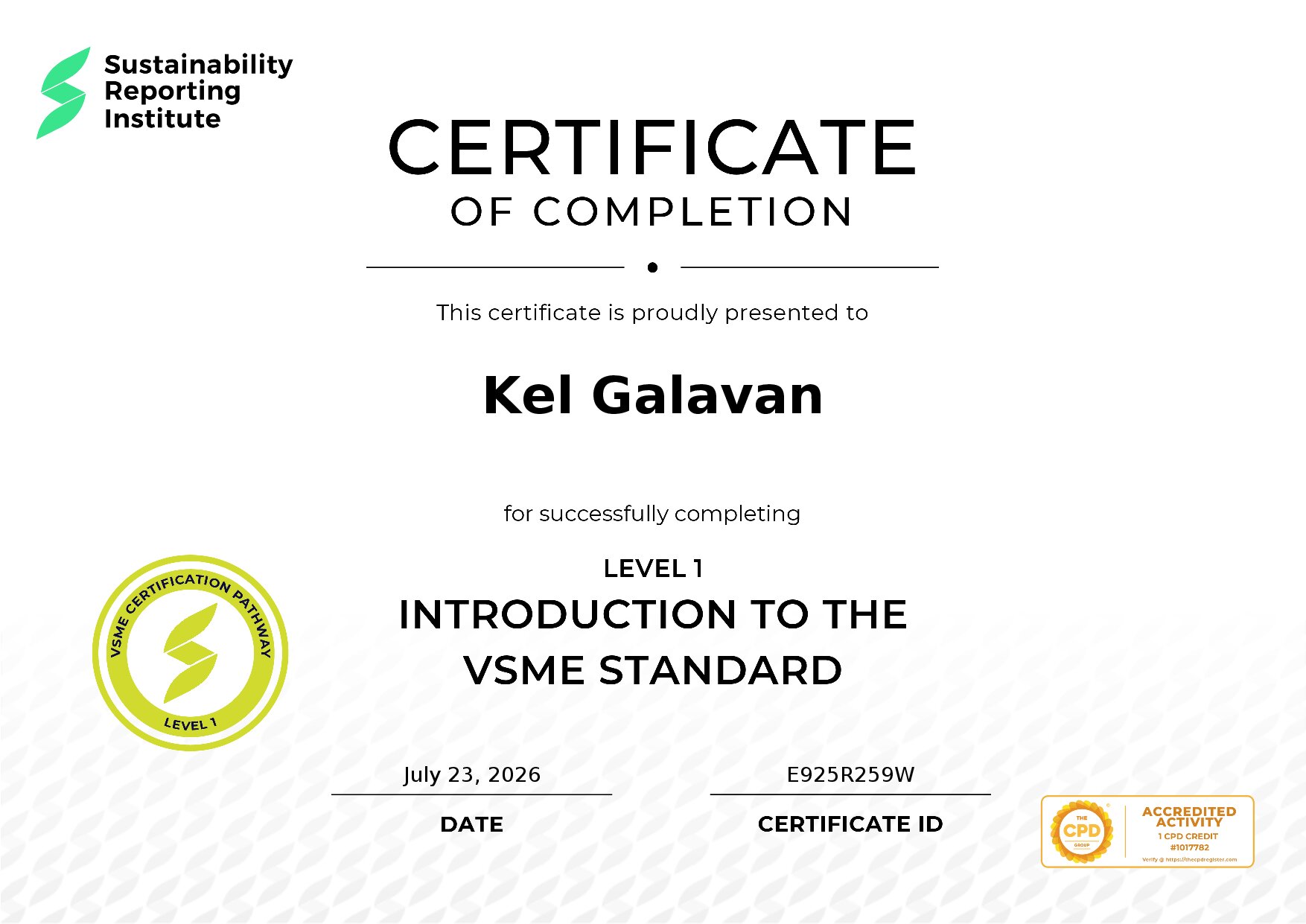 Certificate for Kel Galavan