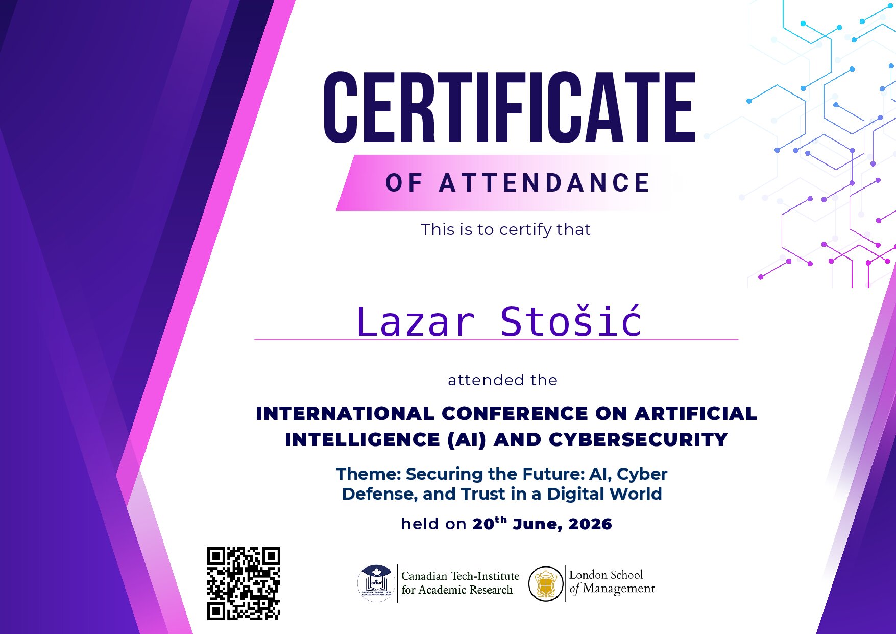 Certificate for Lazar Stošić