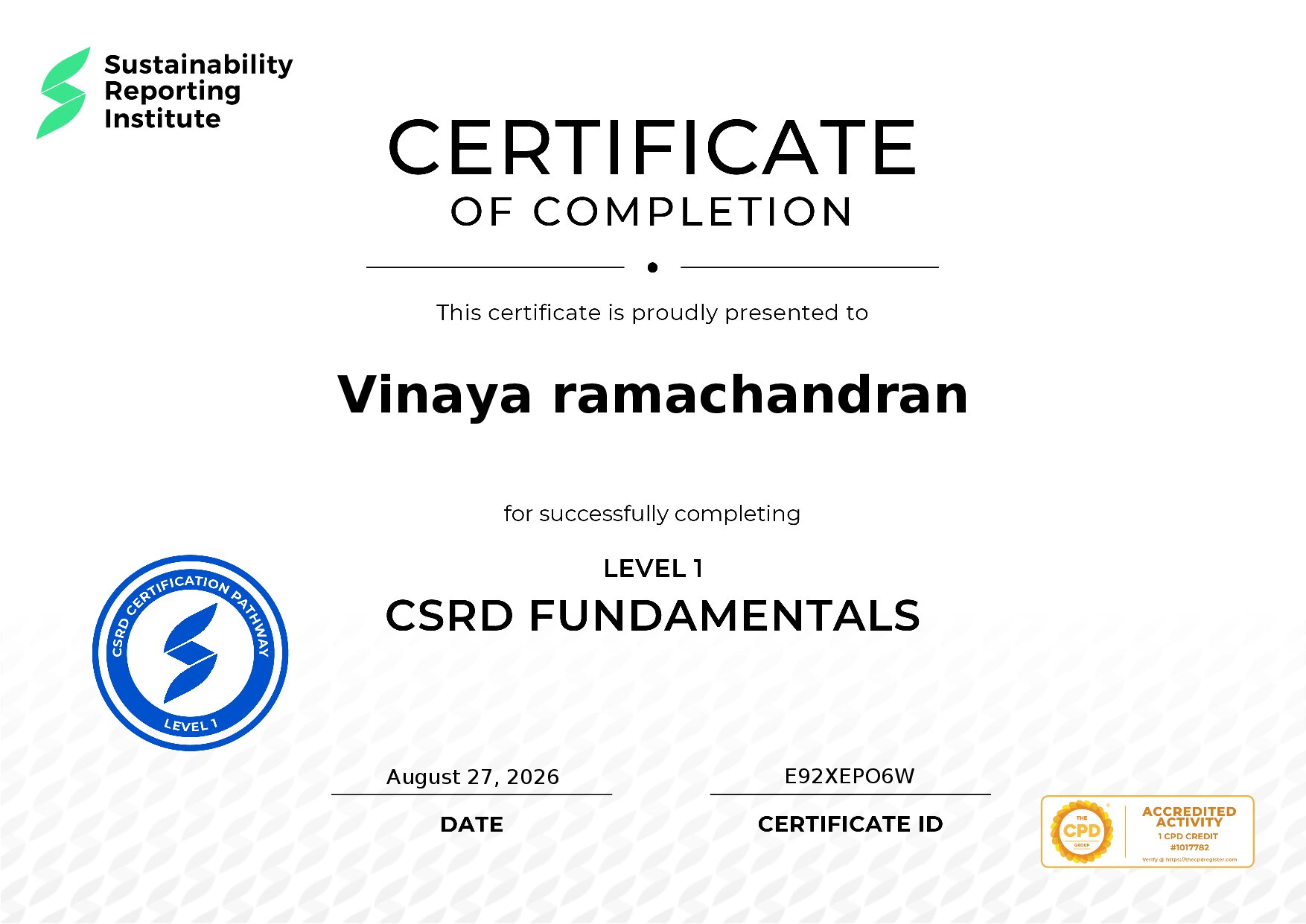 Certificate for Vinaya ramachandran