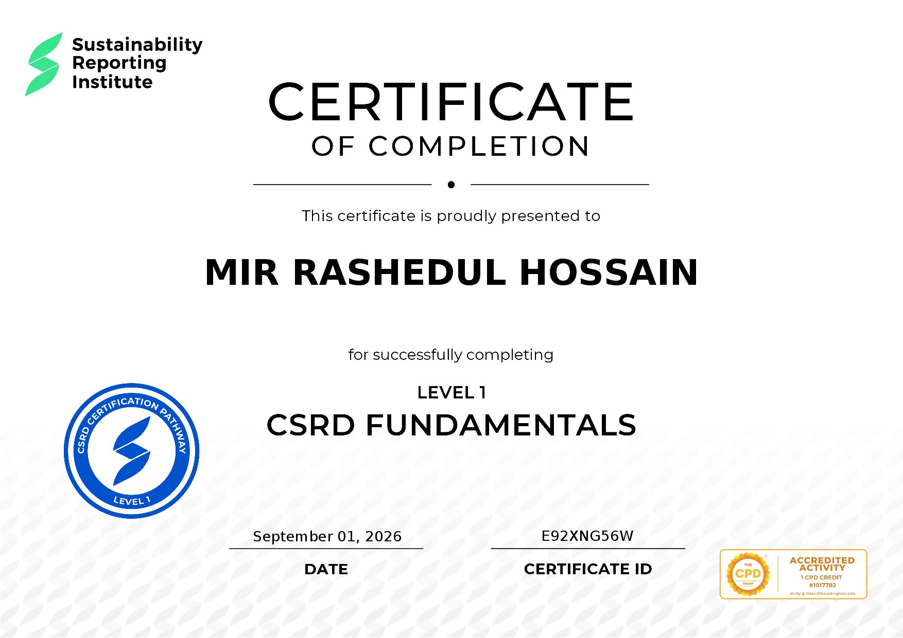 Certificate for MIR RASHEDUL HOSSAIN