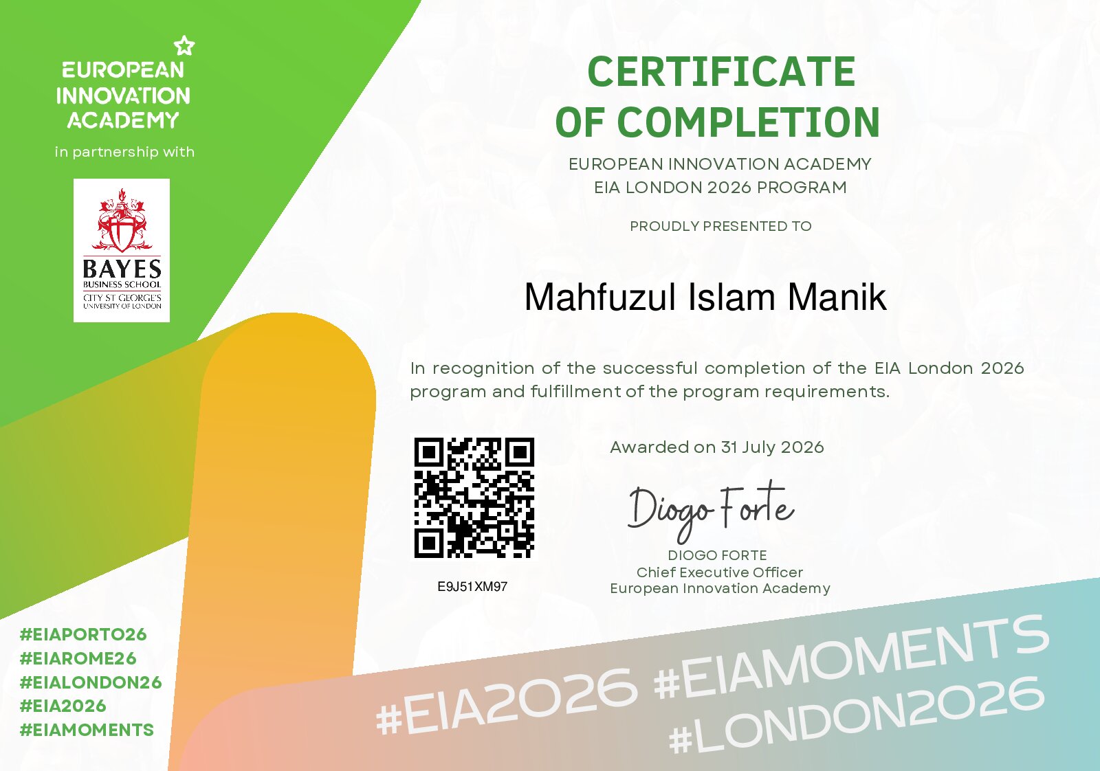 Certificate for Mahfuzul Islam Manik