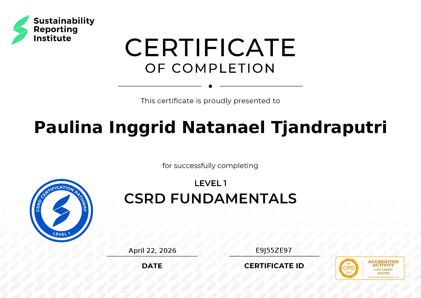 Certificate for Paulina Inggrid Natanael Tjandraputri