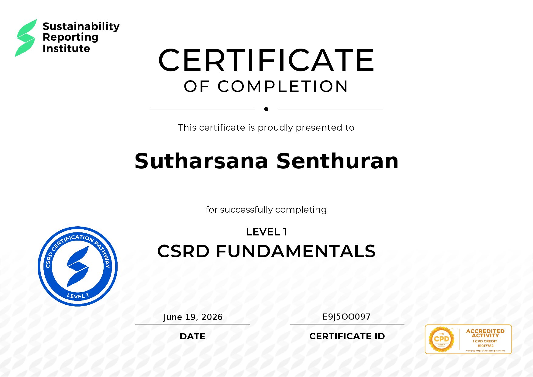 Certificate for Sutharsana Senthuran