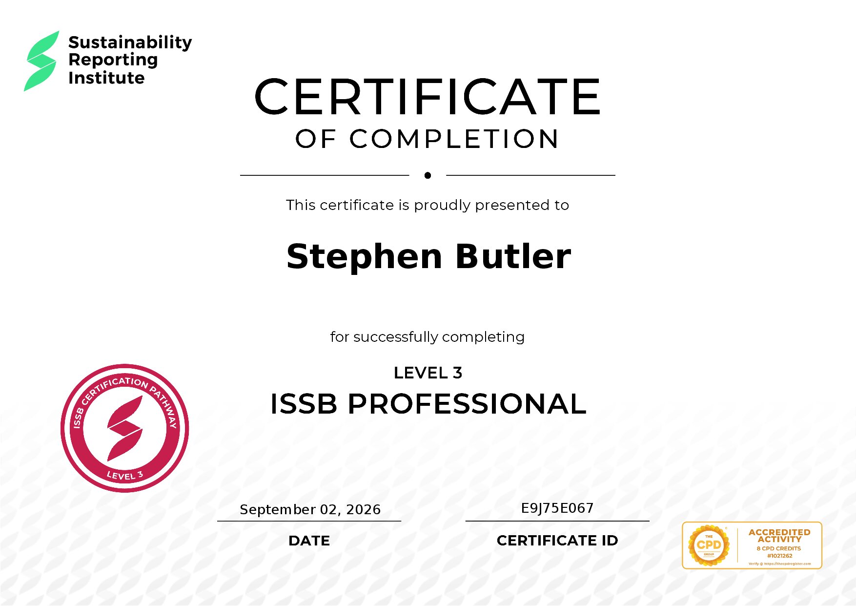 Certificate for Stephen Butler
