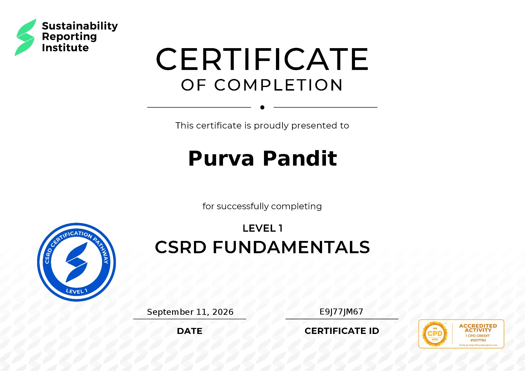 Certificate for Purva Pandit