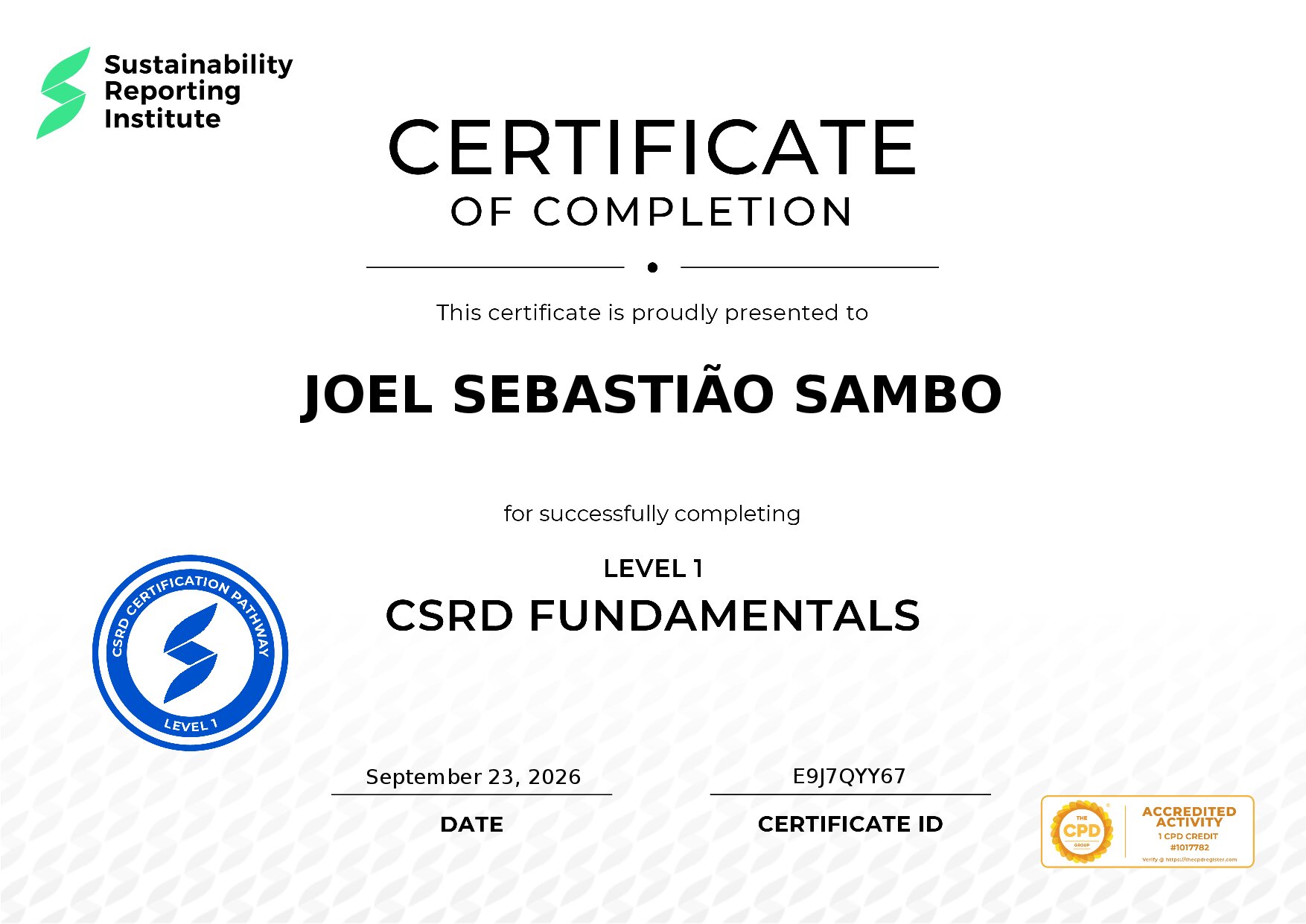 Certificate for JOEL SEBASTIÃO SAMBO