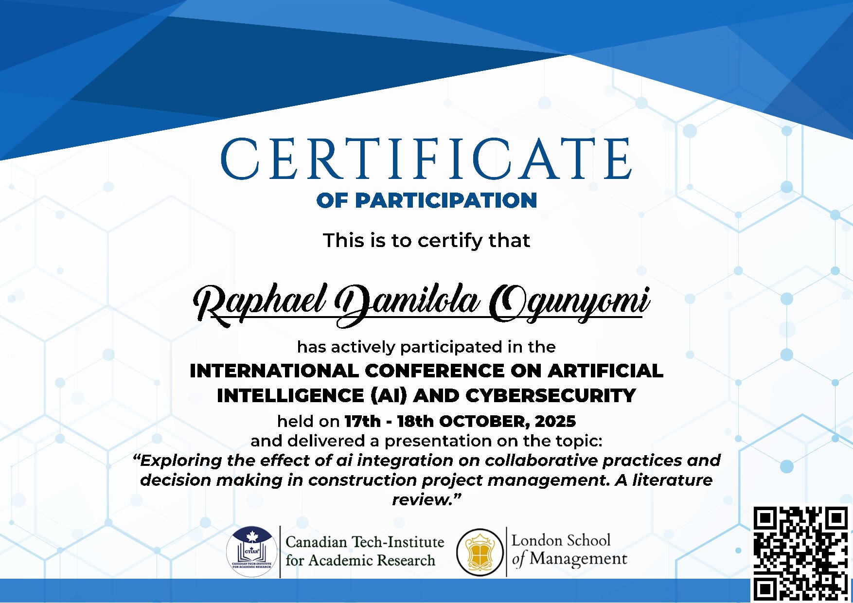 Certificate for Raphael Damilola Ogunyomi