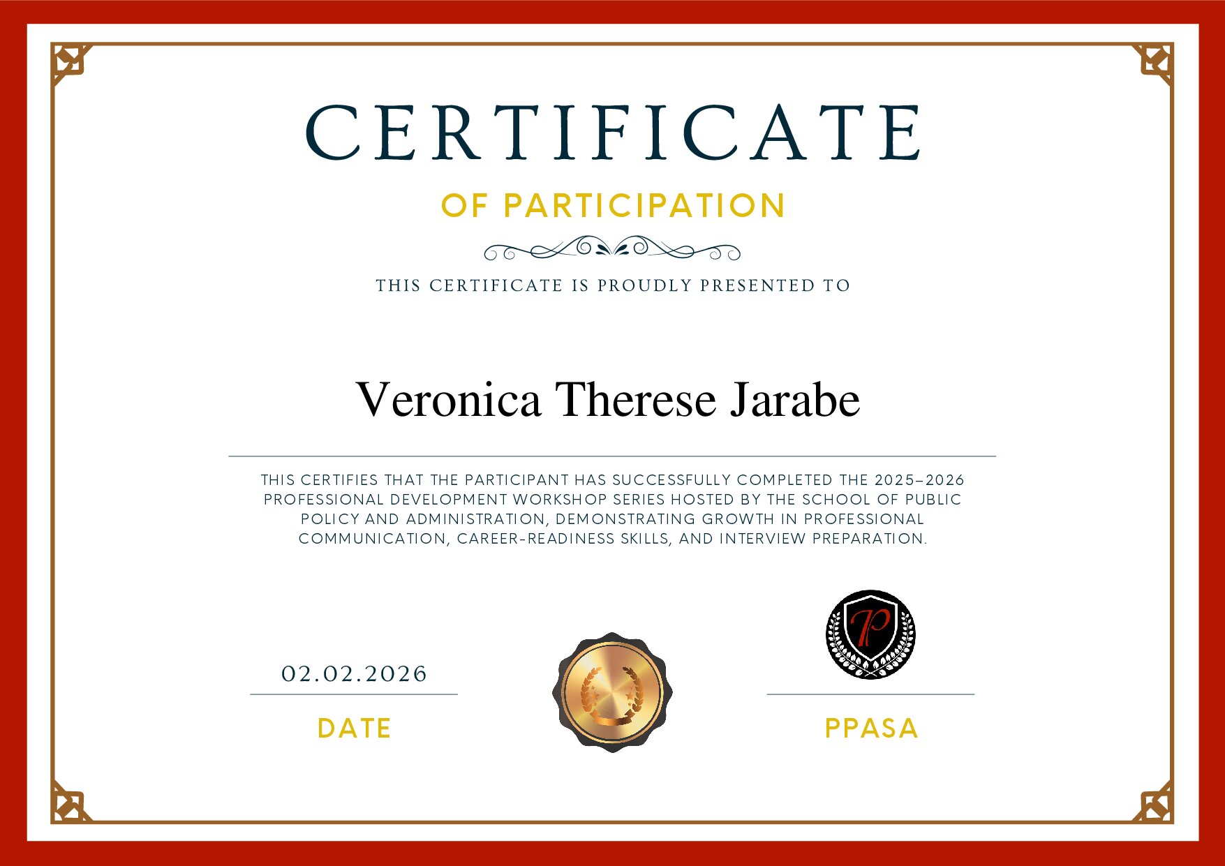 Certificate for Veronica Therese Jarabe