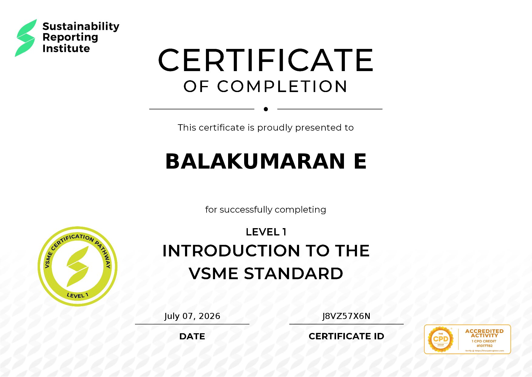 Certificate for BALAKUMARAN E