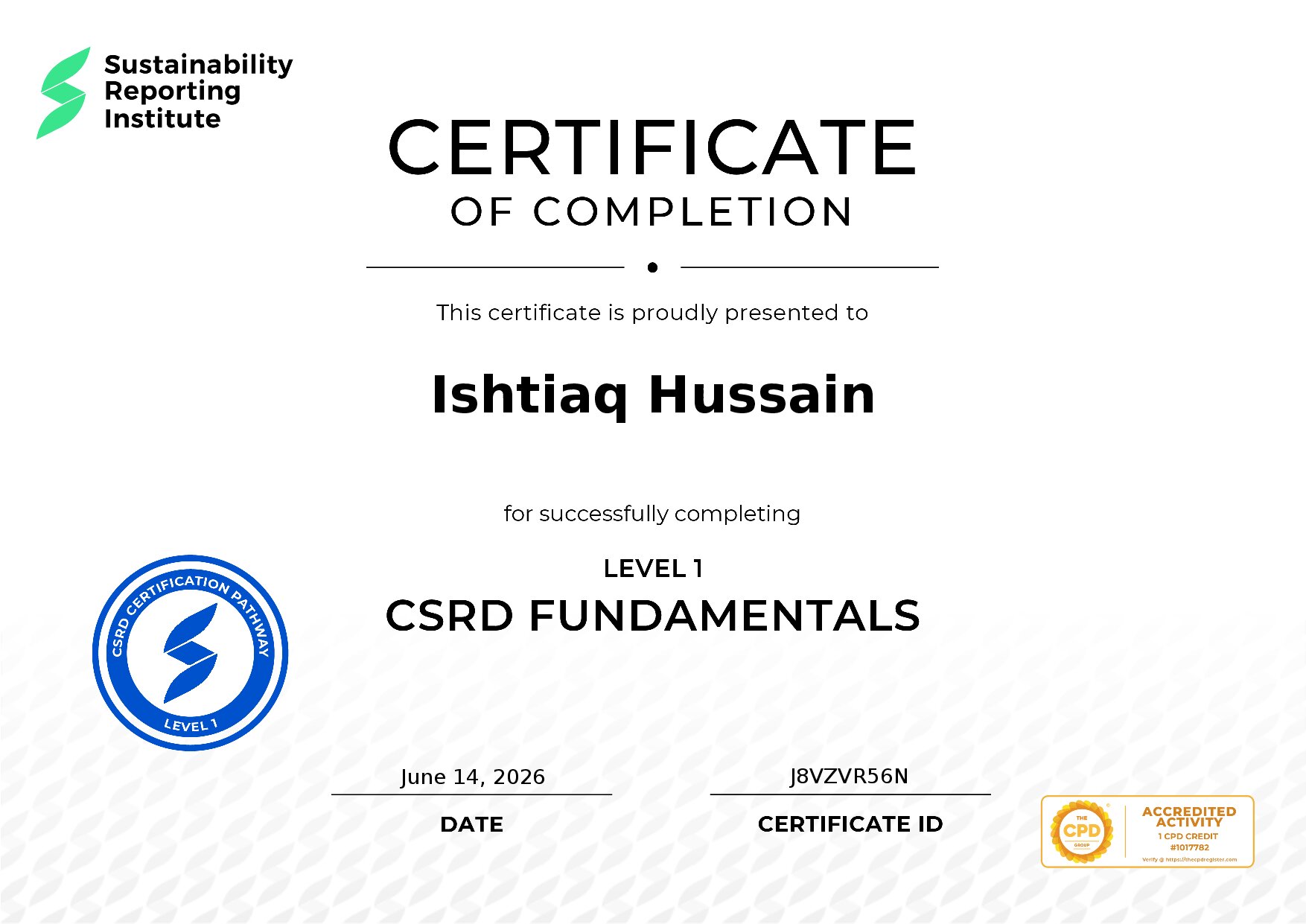 Certificate for Ishtiaq Hussain
