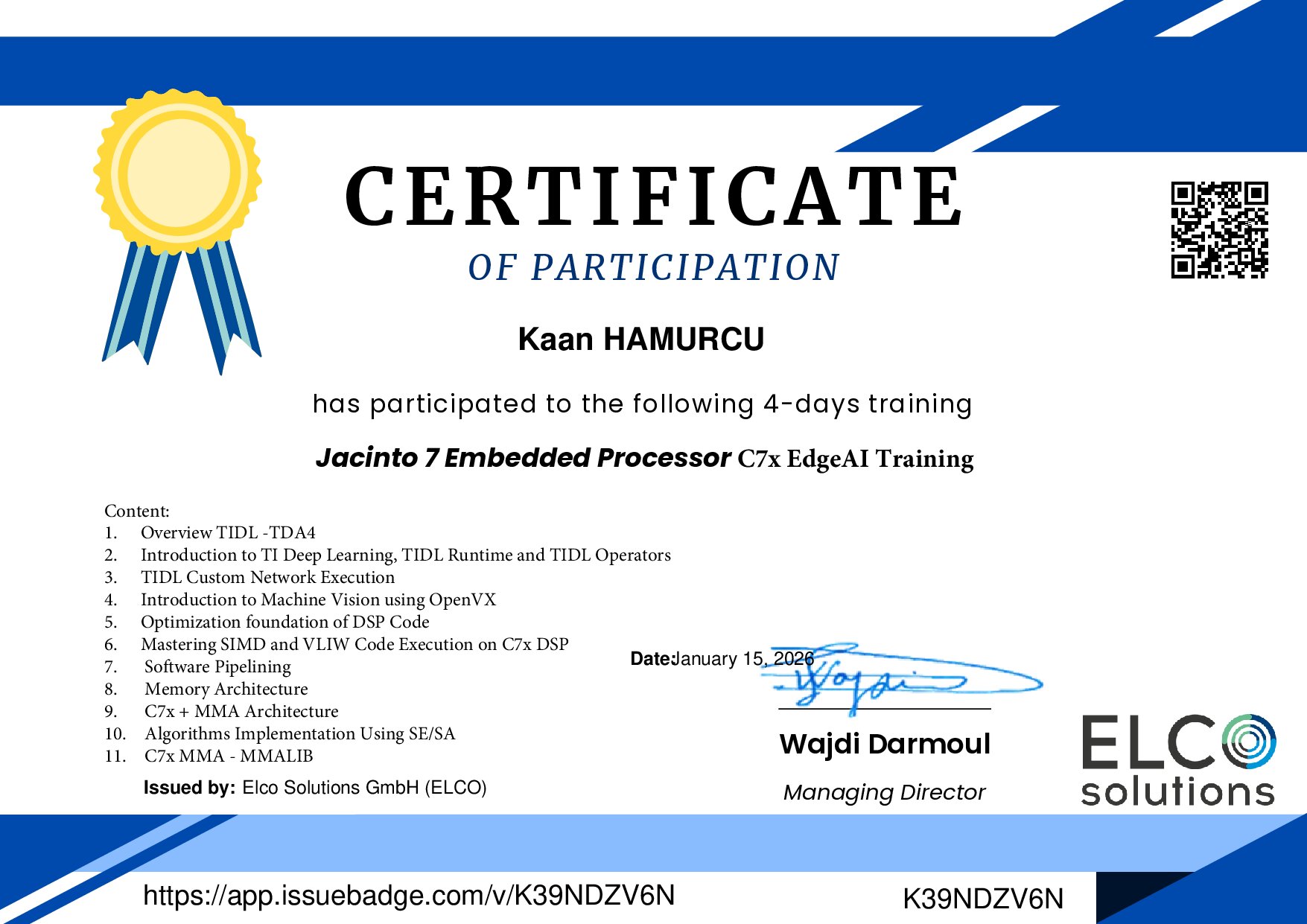 Certificate for Kaan HAMURCU