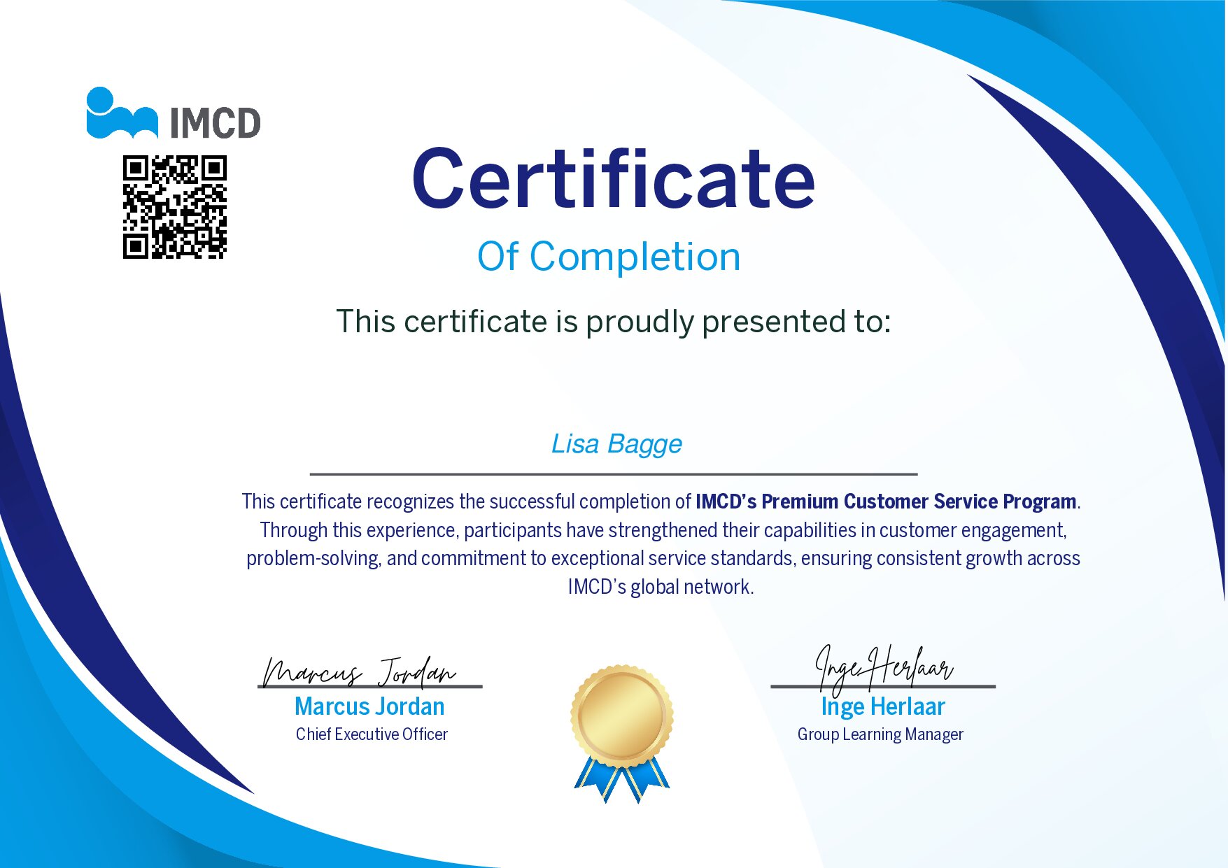 Certificate for Lisa Bagge