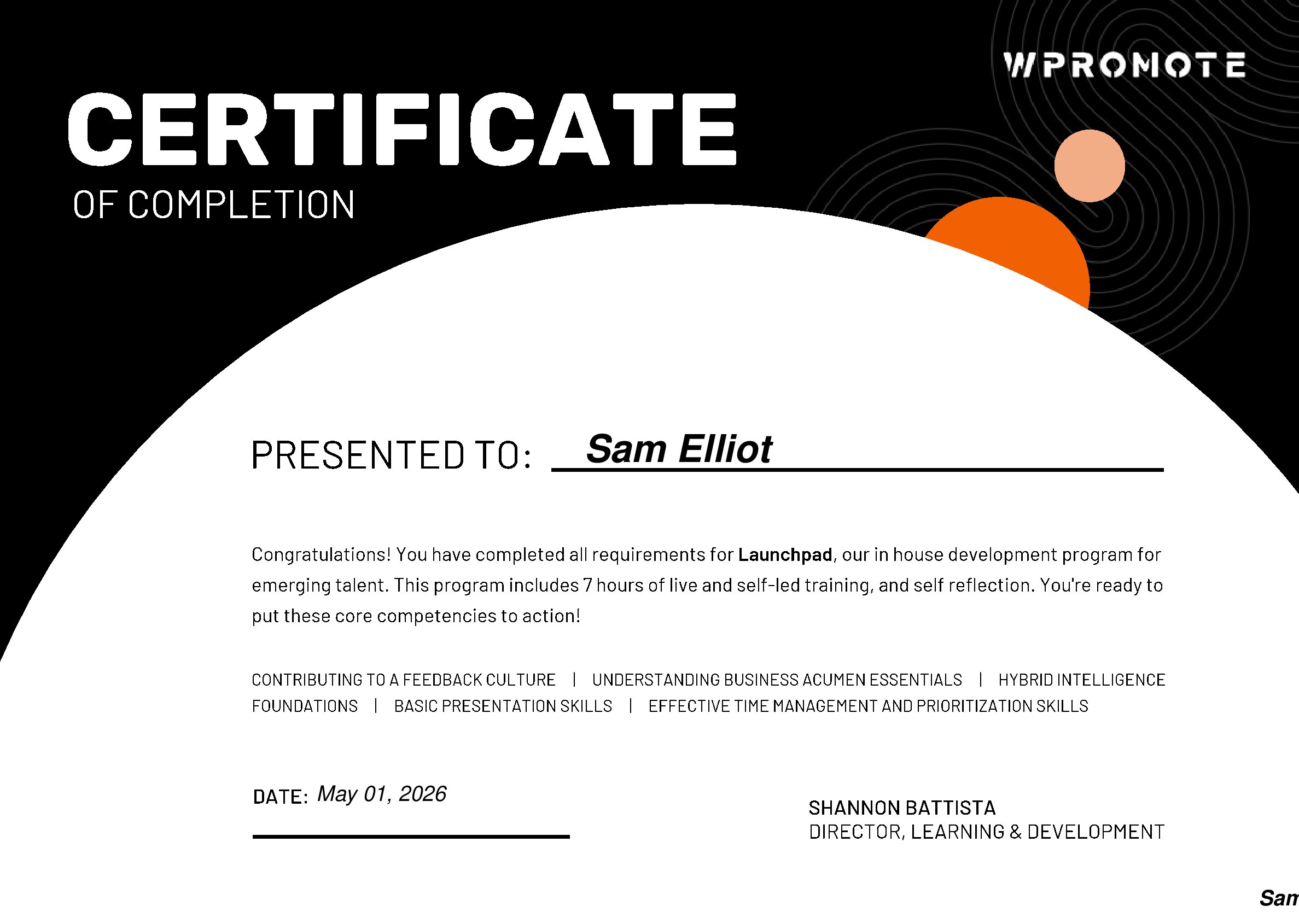 Certificate for Sam Elliot