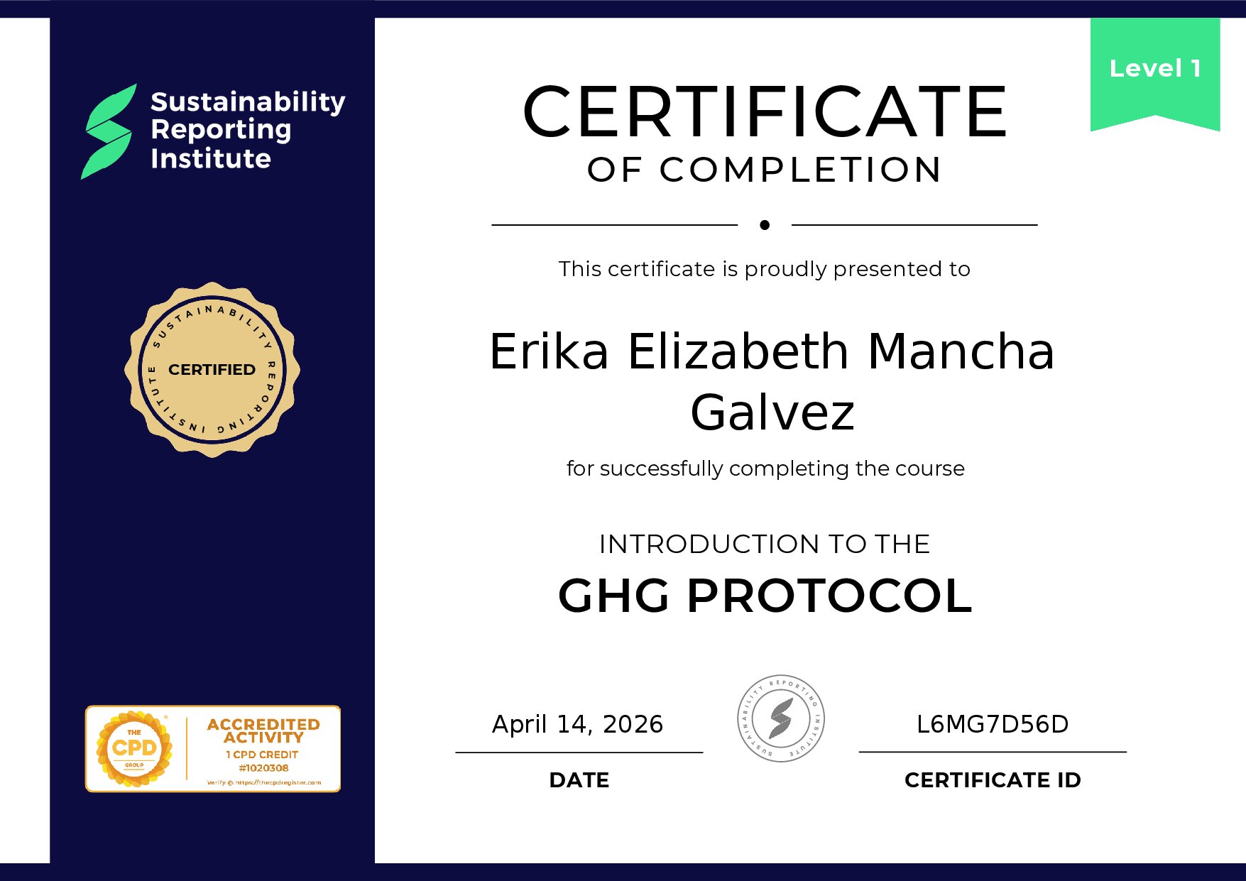 Certificate for Erika Elizabeth Mancha Galvez