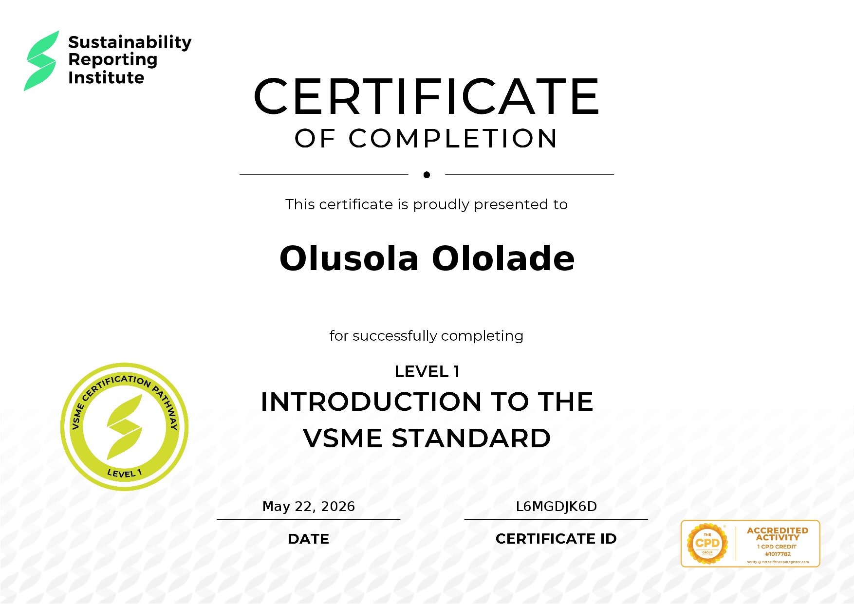 Certificate for Olusola Ololade