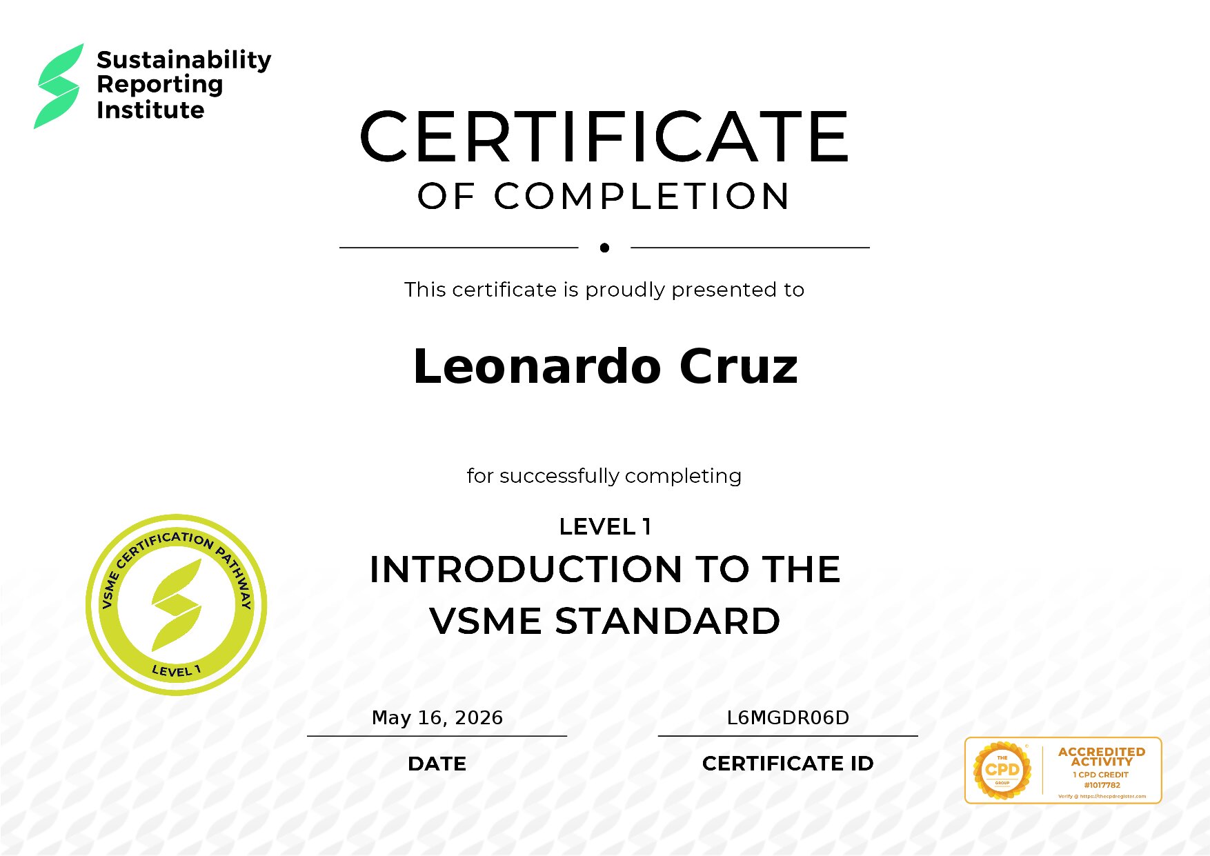 Certificate for Leonardo Cruz