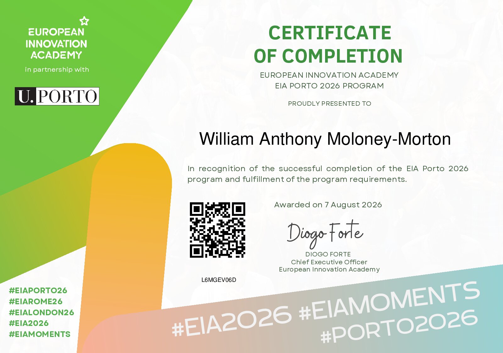 Certificate for William Anthony Moloney-Morton