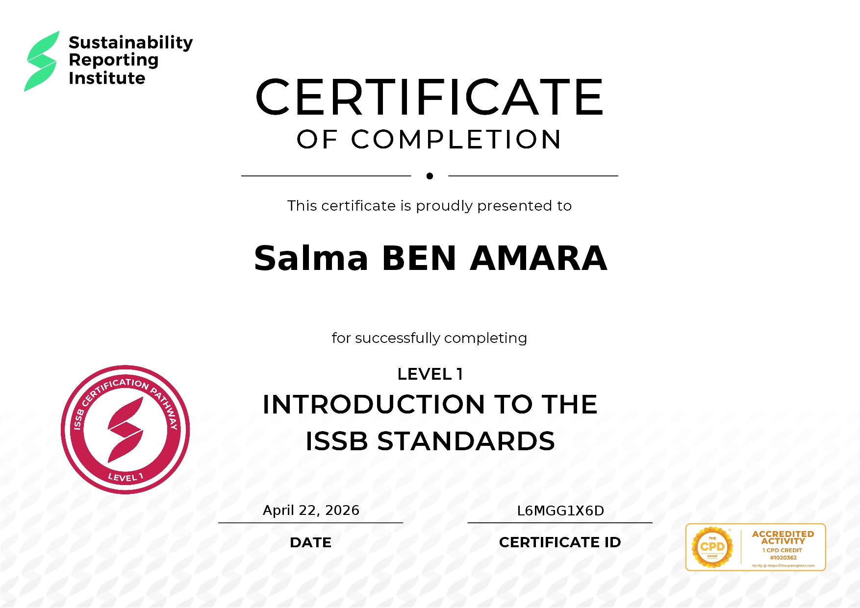 Certificate for Salma BEN AMARA