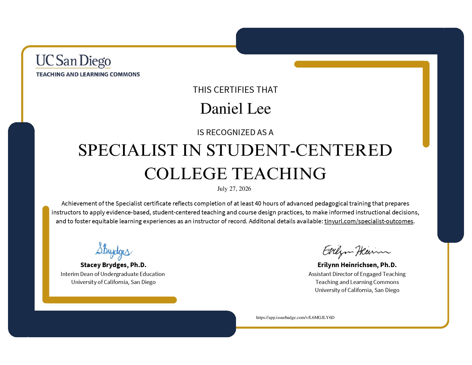 Certificate for Daniel Lee