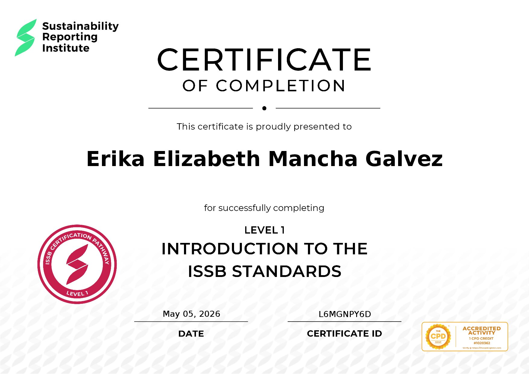 Certificate for Erika Elizabeth Mancha Galvez