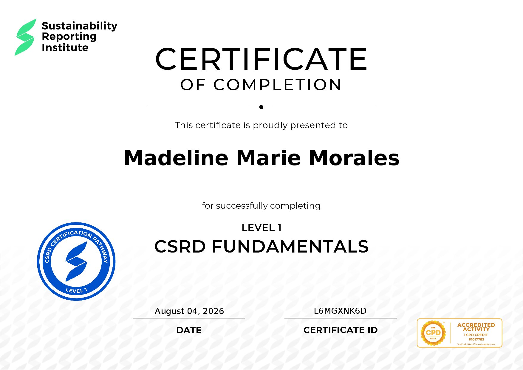 Certificate for Madeline Marie Morales
