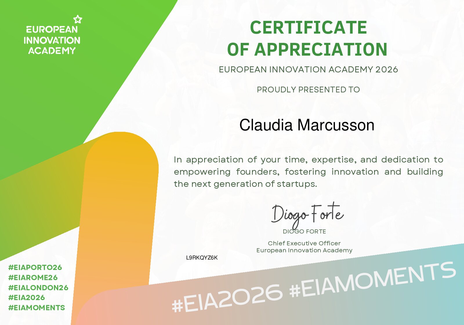 Certificate for Claudia Marcusson