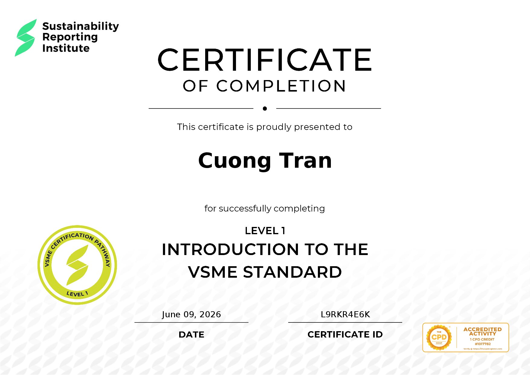 Certificate for Cuong Tran