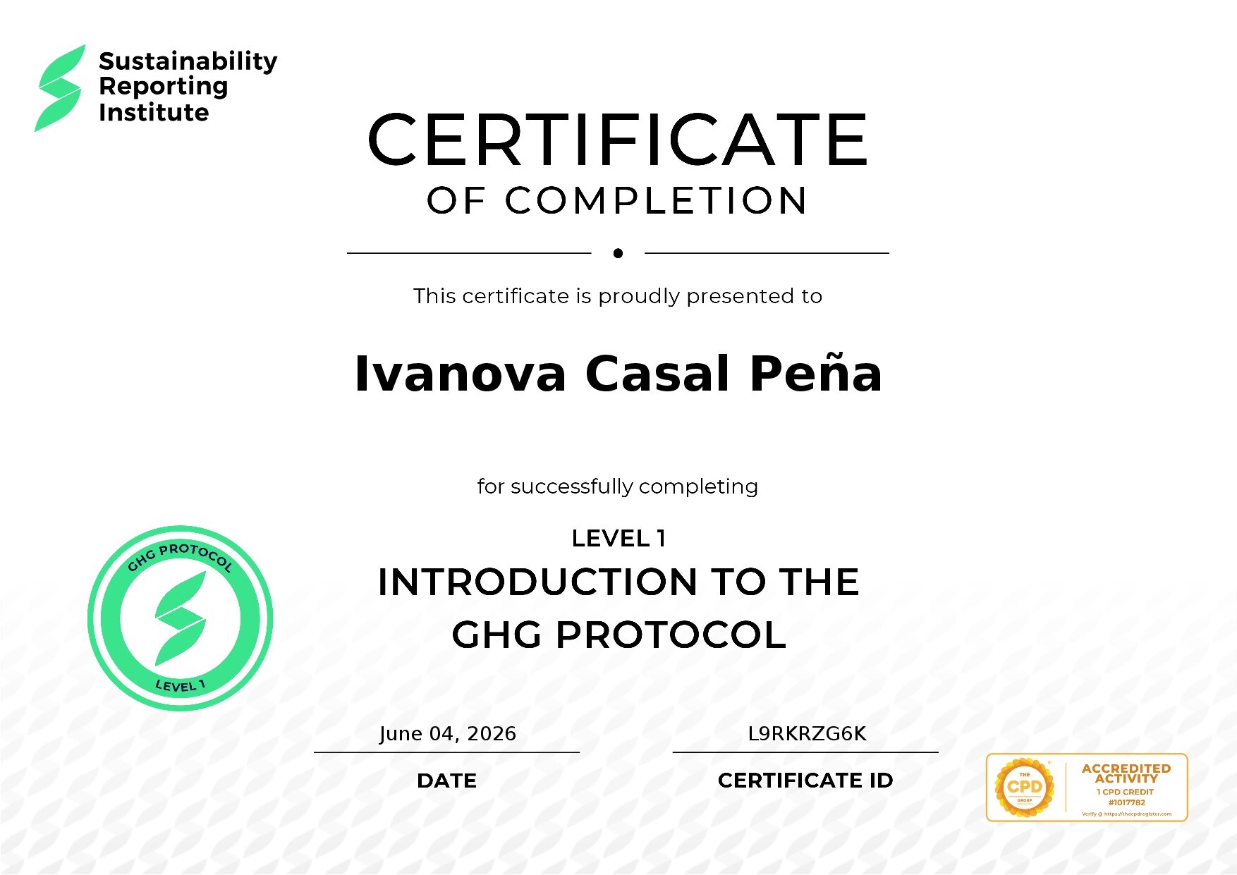 Certificate for Ivanova Casal Peña