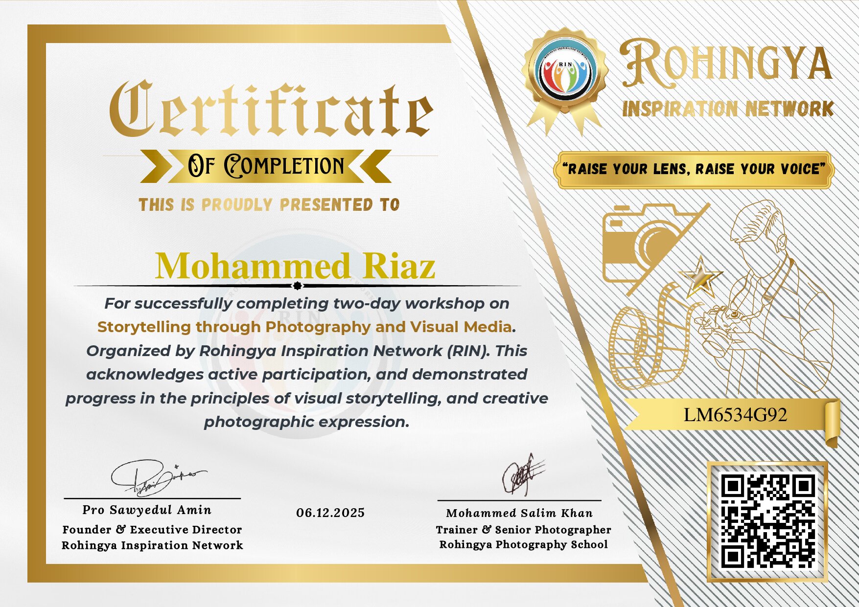 Certificate for Mohammed Riaz