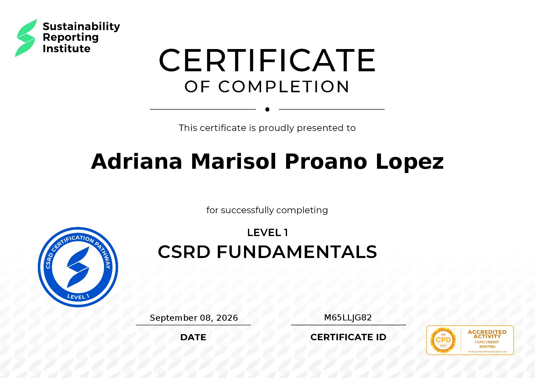 Certificate for Adriana Marisol Proano Lopez