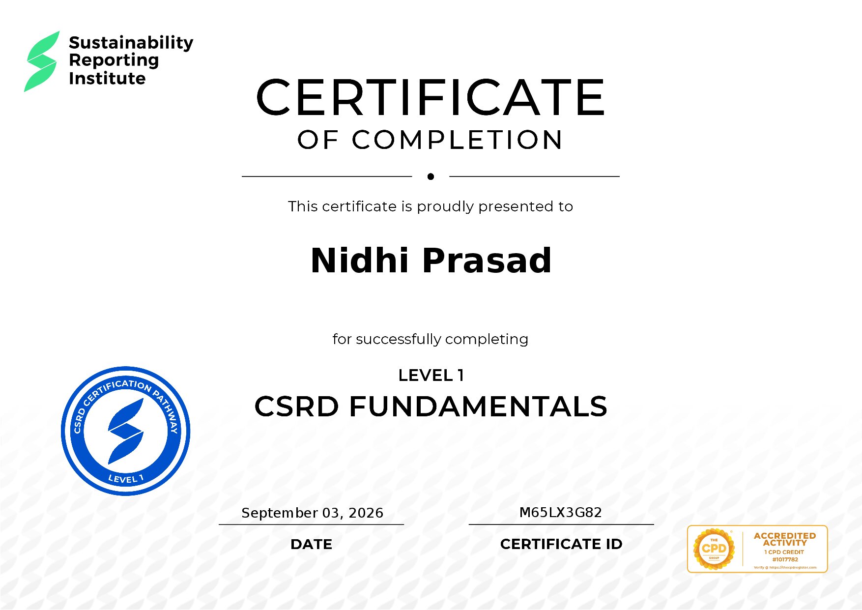 Certificate for Nidhi Prasad