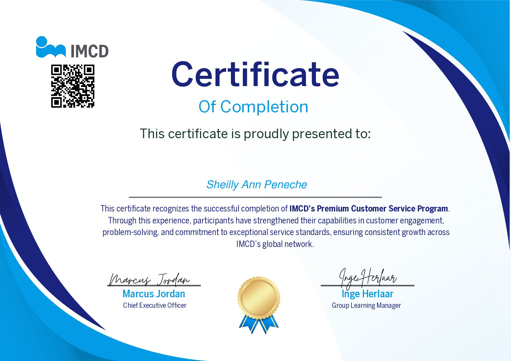Certificate for Sheilly Ann Peneche