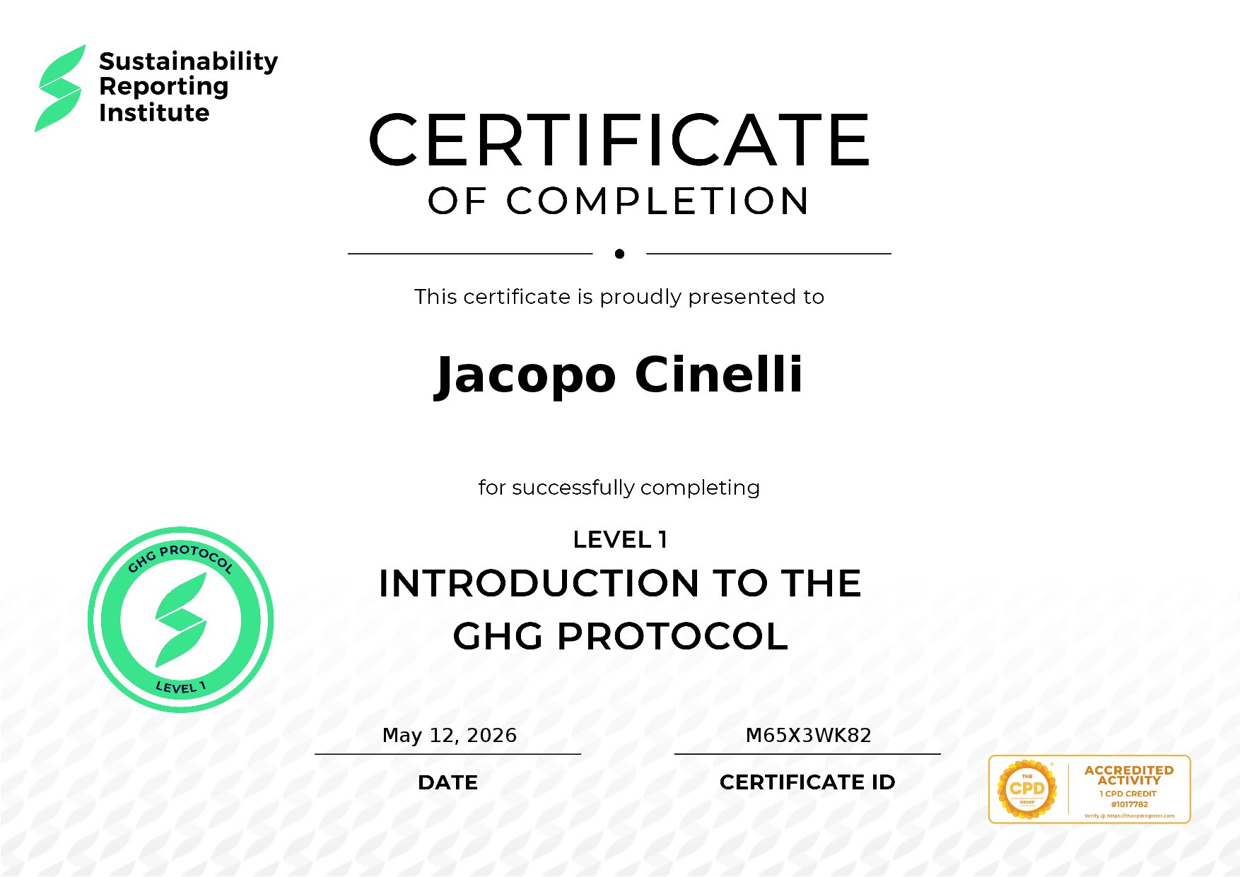 Certificate for Jacopo Cinelli