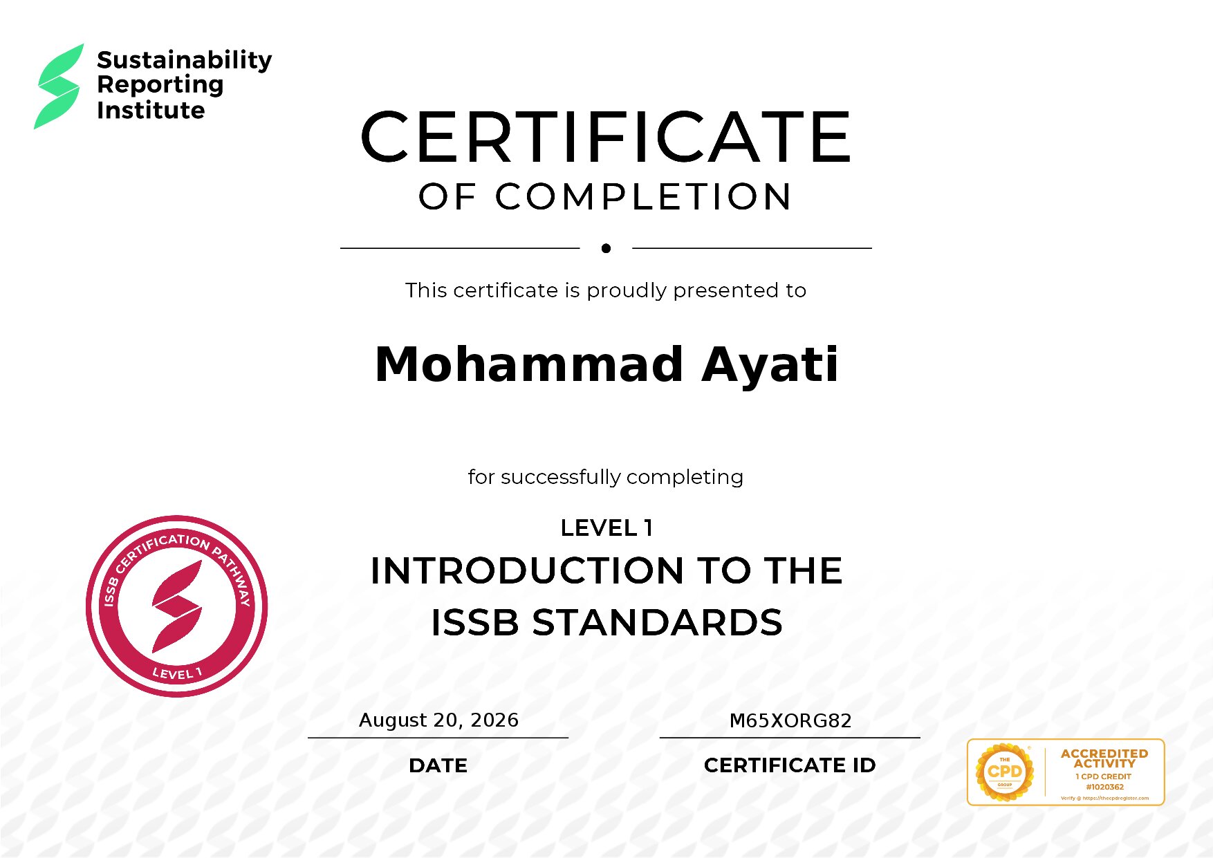 Certificate for Mohammad Ayati