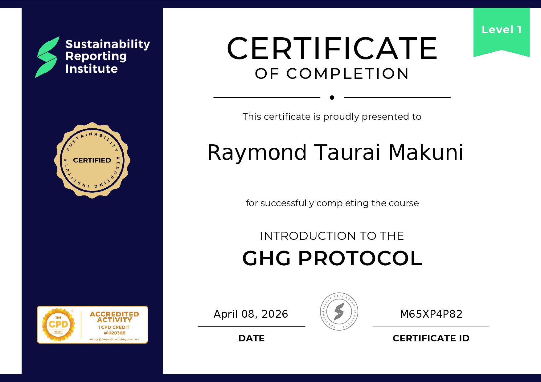 Certificate for Raymond Taurai Makuni
