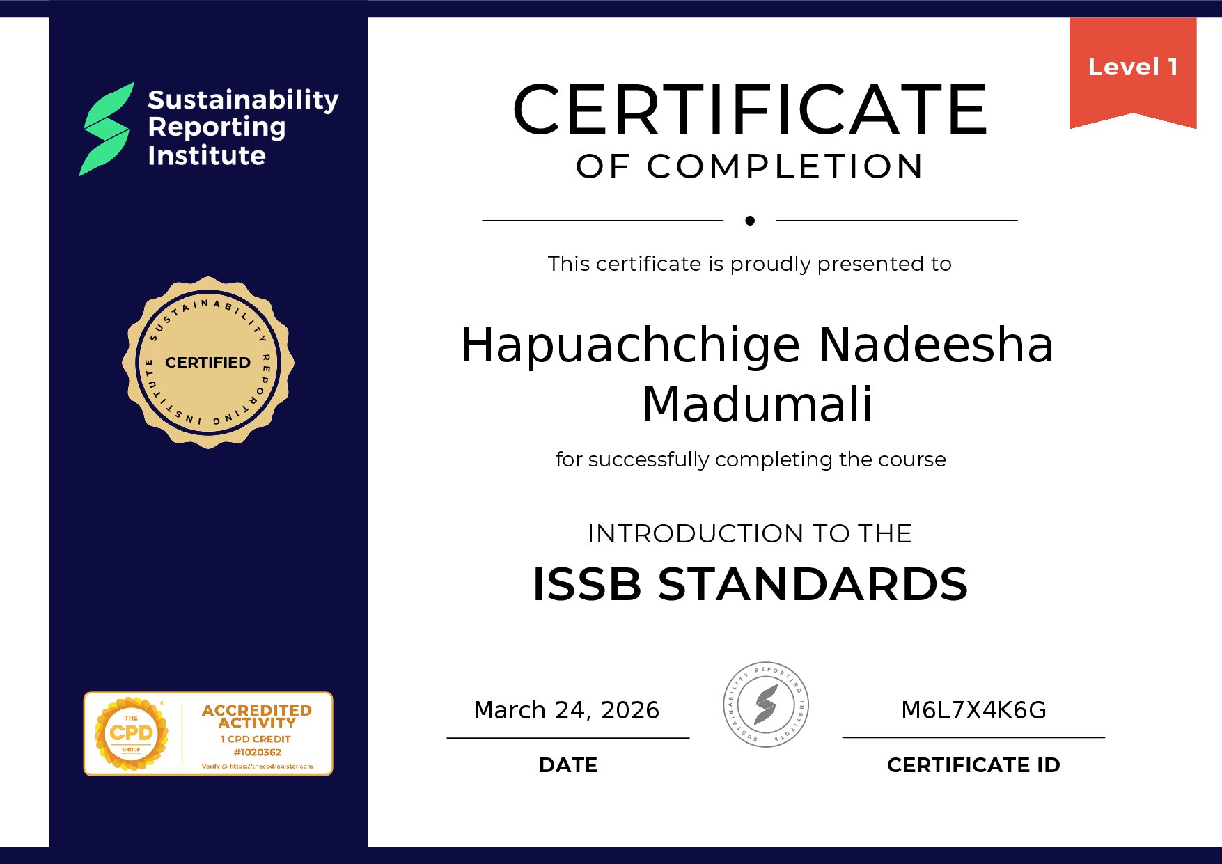 Certificate for Hapuachchige Nadeesha Madumali