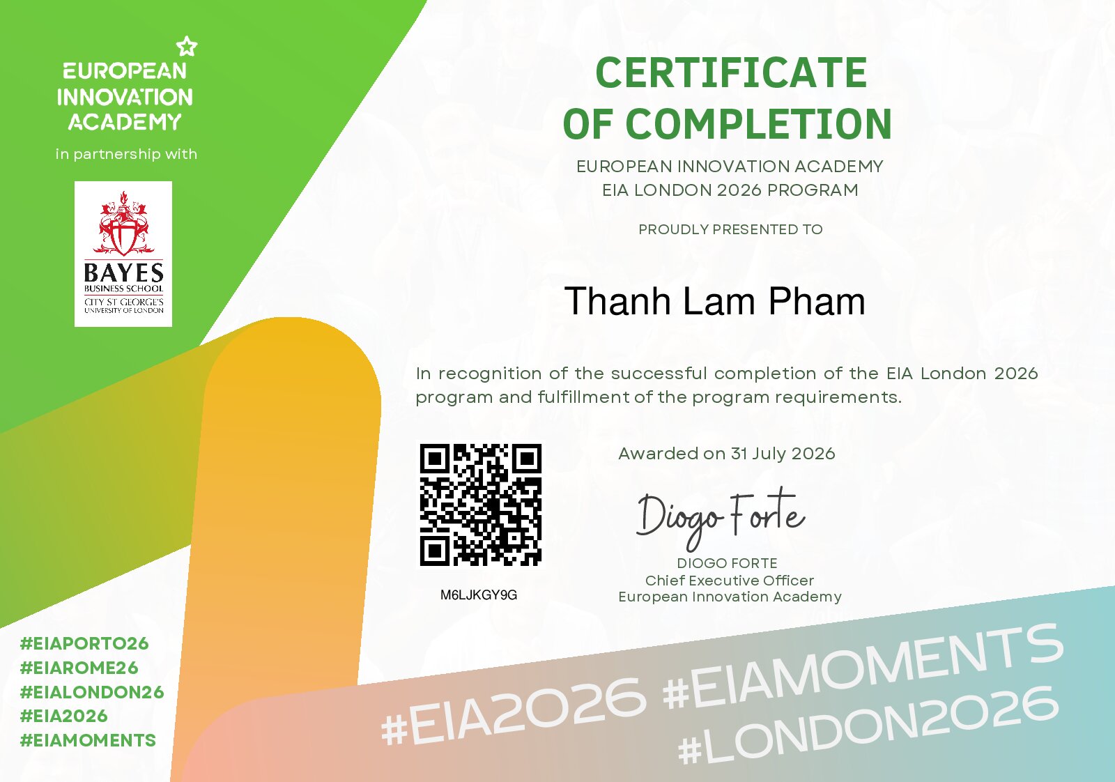 Certificate for Thanh Lam Pham