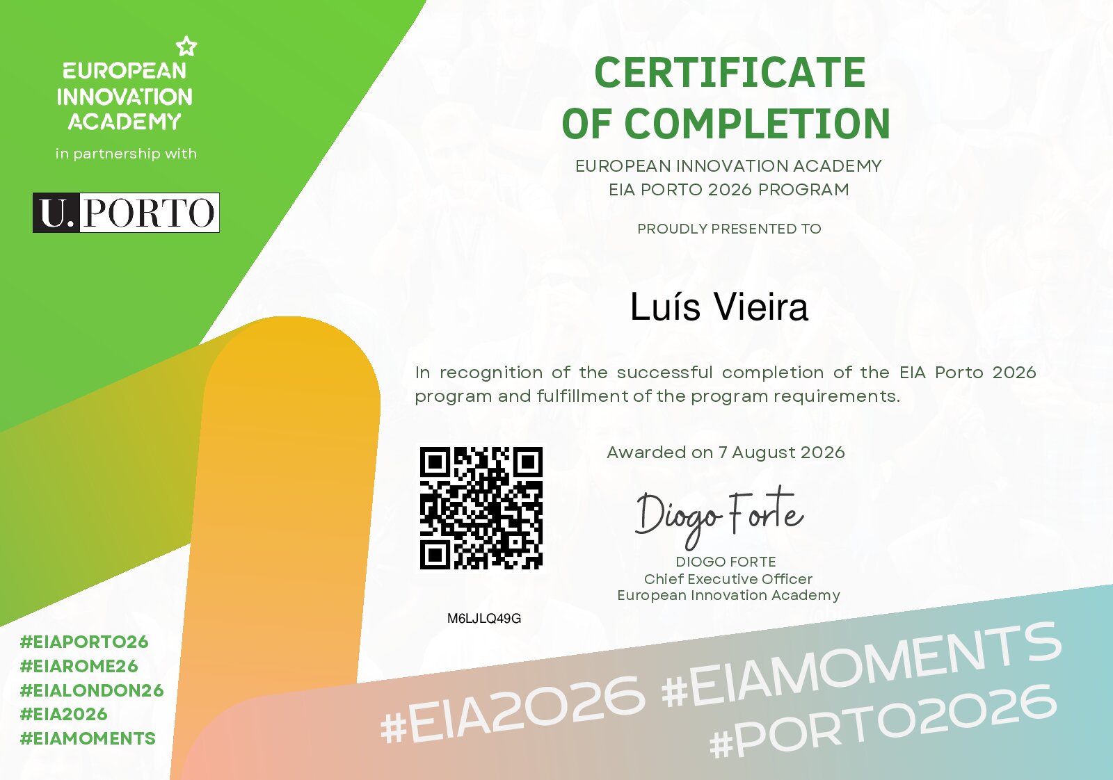 Certificate for Luís Vieira