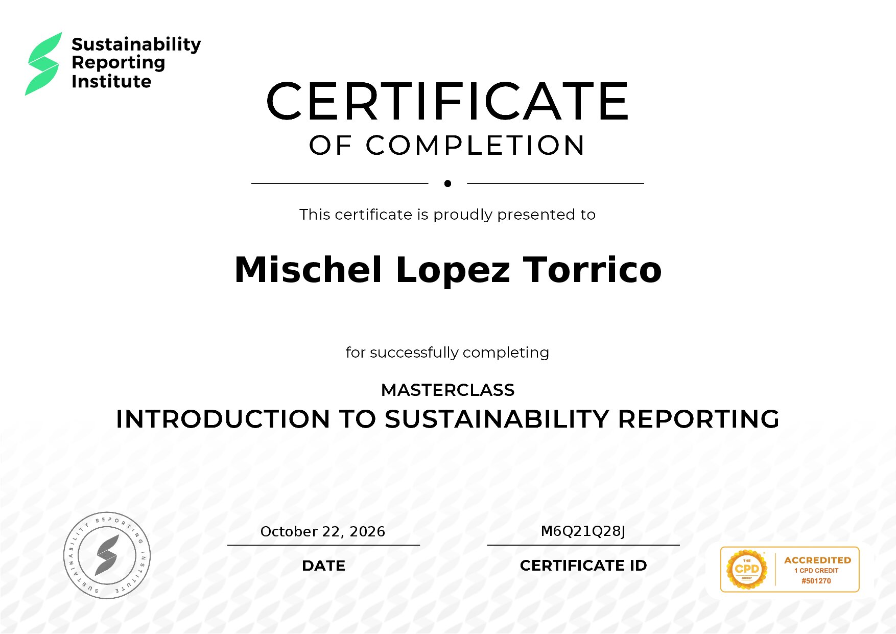 Certificate for Mischel Lopez Torrico