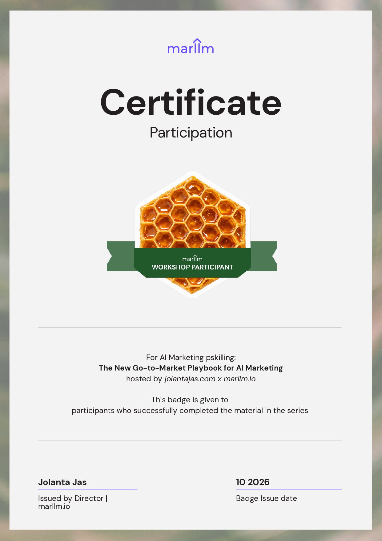 Certificate for Ben Reid