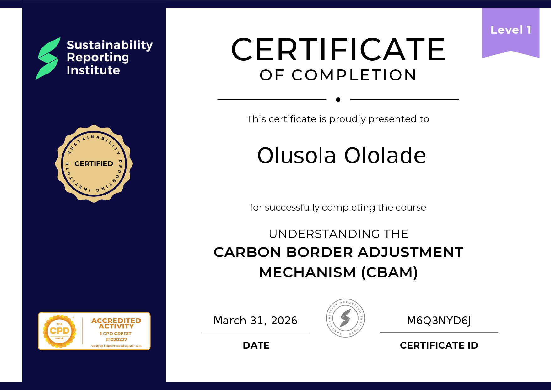 Certificate for Olusola Ololade