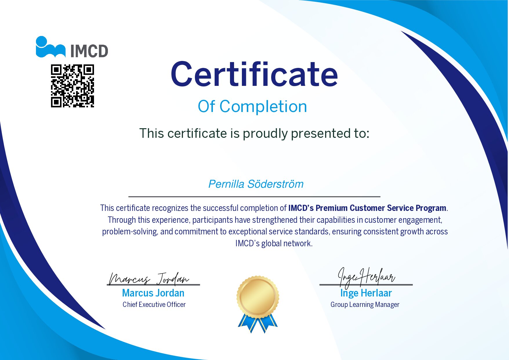 Certificate for Pernilla Söderström