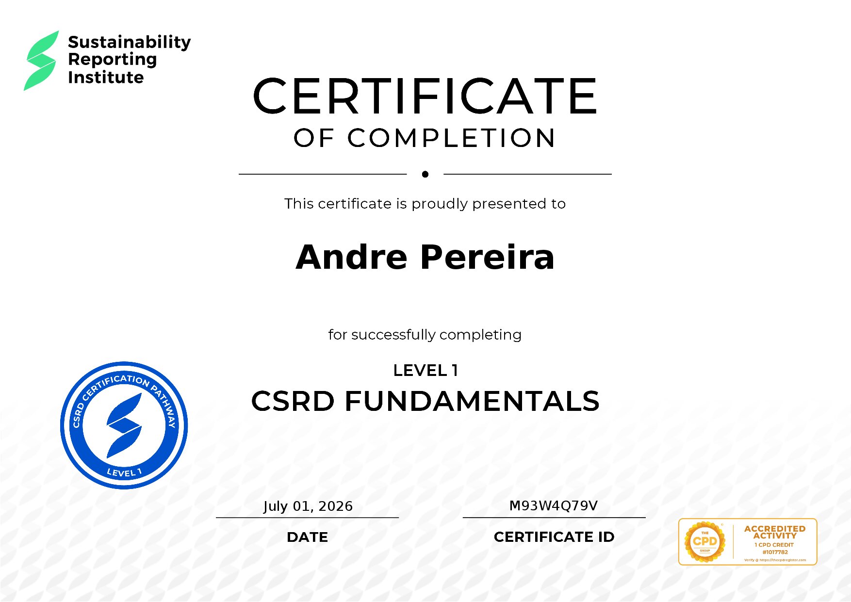 Certificate for Andre Pereira