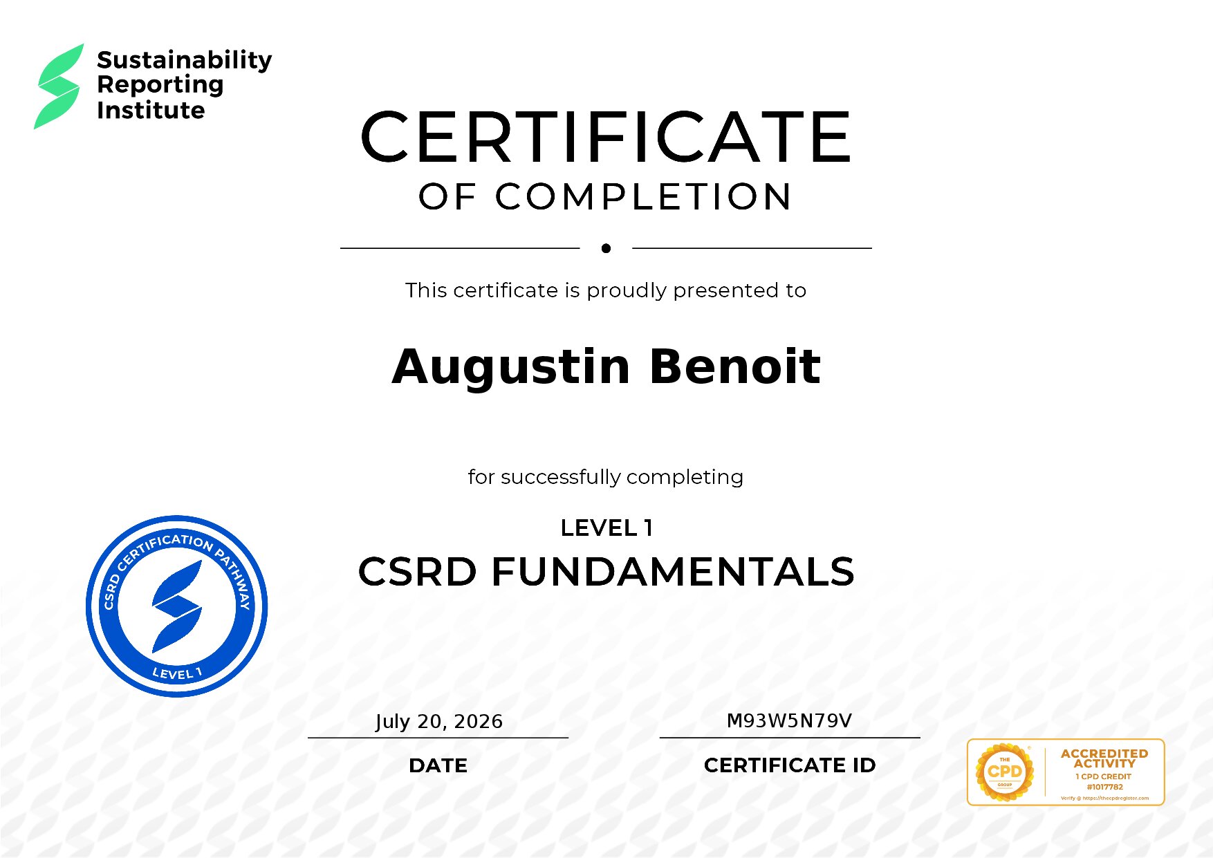 Certificate for Augustin Benoit