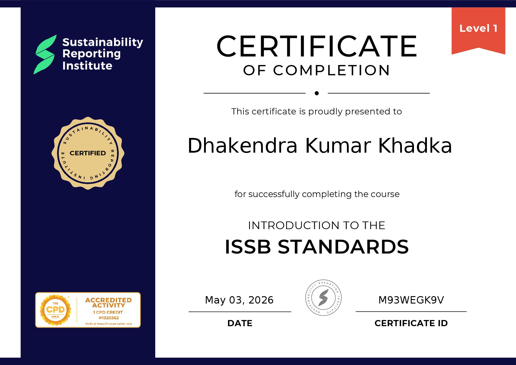 Certificate for Dhakendra Kumar Khadka