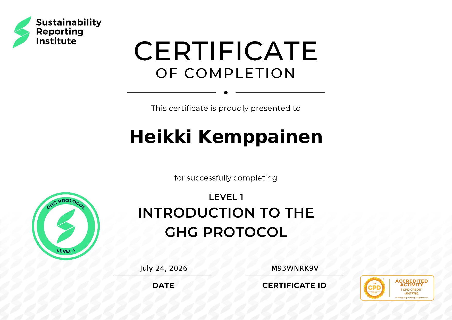 Certificate for Heikki Kemppainen
