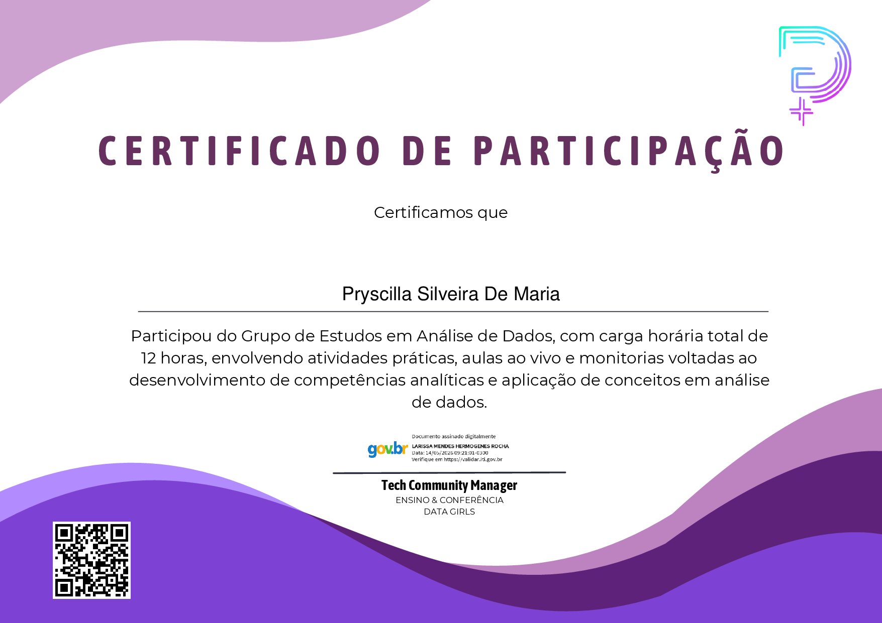 Certificate for Pryscilla Silveira De Maria