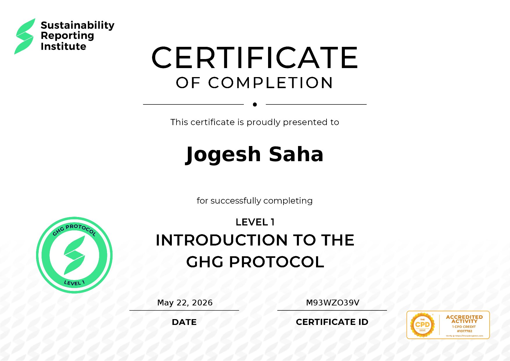 Certificate for Jogesh Saha