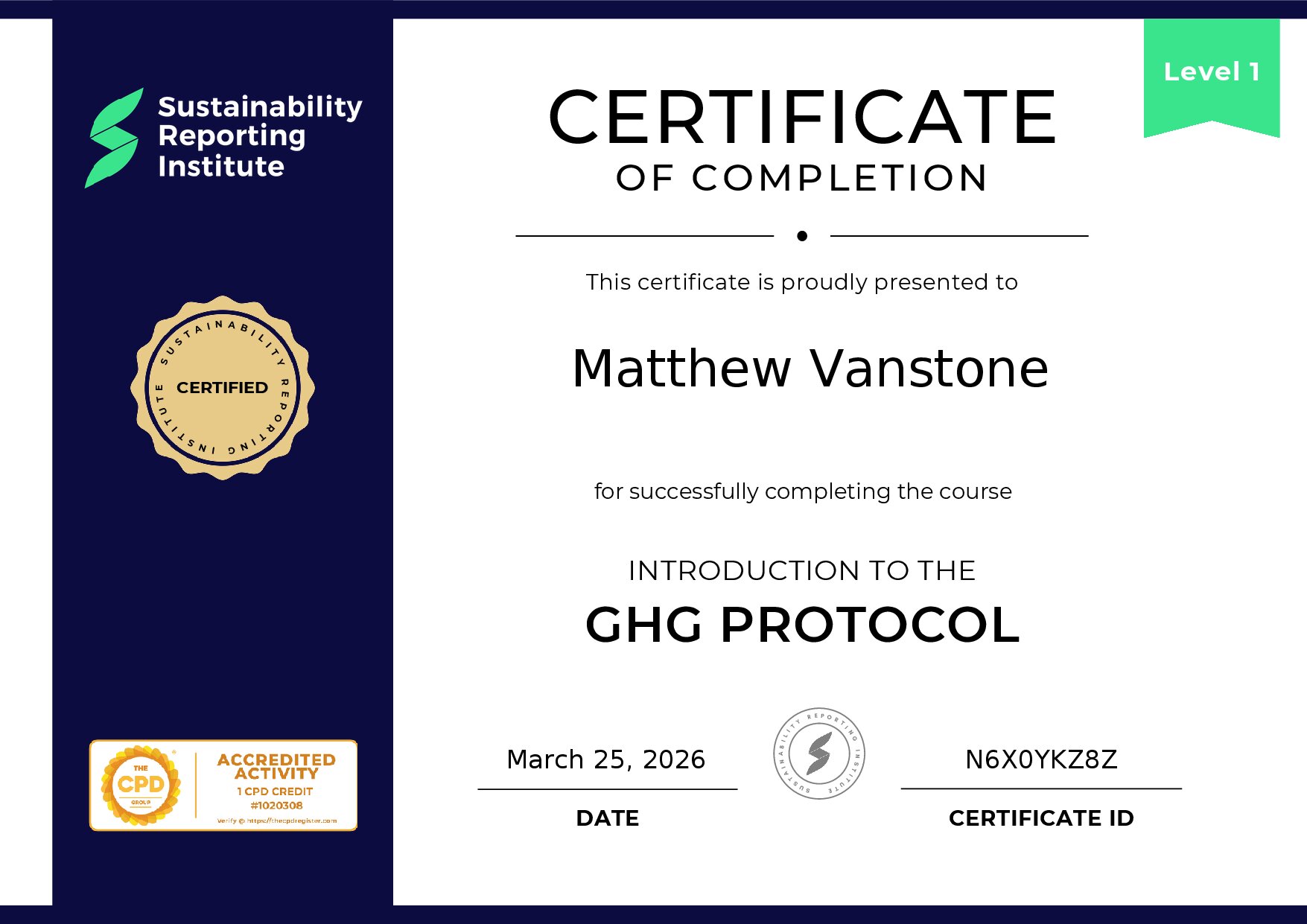 Certificate for Matthew Vanstone